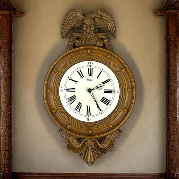 VINTAGE 1960's Burwood 4305 Large American Eagle Wall Clock 22” Faux Wood WORKS! - Picture 8 of 16